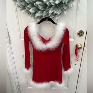 Frederick’s of Hollywood Red Velveteen Santa Dress with White Boa Fur Trim